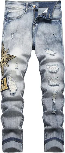 Vista 45 de Baylvn - Pantalones de mezclilla para hombre con diseño patchwork, ajustados y cómodos, estilo motociclista 3132 Camuflaje y azul
