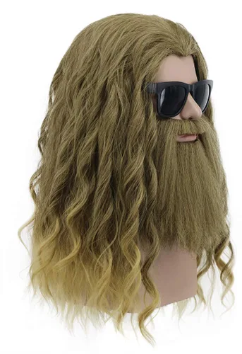 Vista 2 de Peluca larga y rizada de Thor para hombres y adultos, peluca de bigote marrón dorado para Halloween, cosplay, anime, fiesta de disfraces