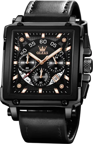 Vista 15 de OLEVS Relojes cuadrados para hombre, cronógrafo de cuero marrón, reloj de negocios de moda, luminoso, impermeable, relojes de pulsera casuales