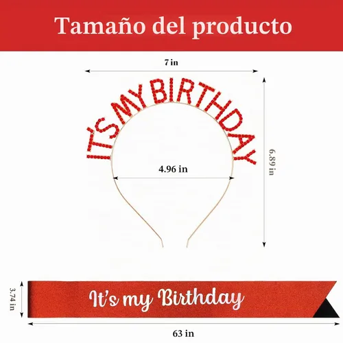 Vista 7 de It's My Birthday - Juego de bandas de princesa, diadema roja, tiara y accesorios para mujeres y niñas, fiesta feliz