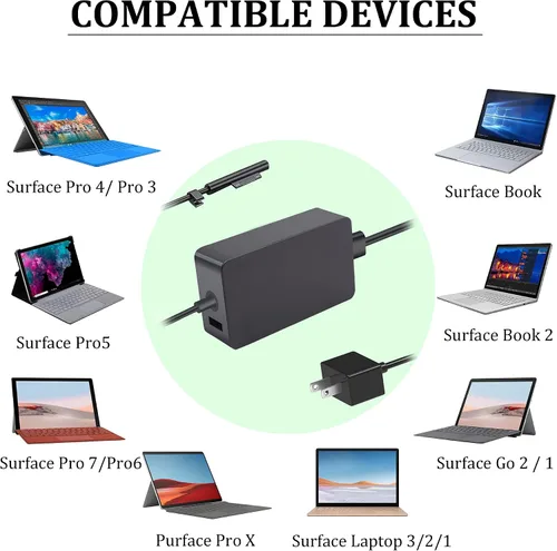 Vista 6 de Cargador de superficie de 65 W compatible con Microsoft Surface Pro 9, 8, 7+, 7, 6, 5, 4, 3, X, modelo: 1706, 1866, 1824, 1796, 1769, 1724, 1625