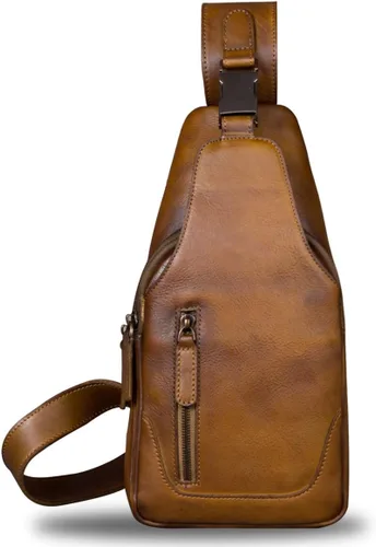 Vista 2 de Bolso bandolera de cuero genuino para hombre, hombro en el pecho, mochila de senderismo vintage hecha a mano, Marrón, senderismo
