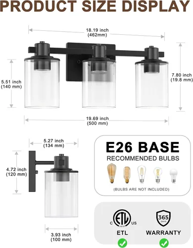 Vista 3 de L LOHAS LED Lámpara de baño negra de 3 luces sobre el espejo, moderna lámpara de tocador negra mate con pantalla de vidrio transparente, luces