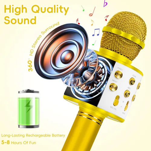 Vista 6 de KIDWILL Micrófono de Karaoke Inalámbrico Bluetooth para Niños, 5 en 1 Portátil de Mano Micrófono de Karaoke con Altavoz Reproductor Grabadora