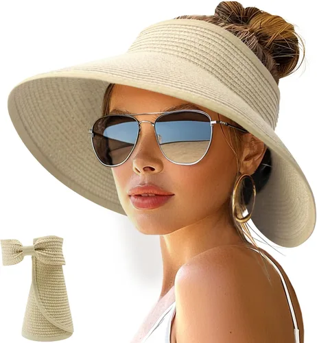 Vista 9 de NPJY Sun Hats for Women Wide Brim Roll-Up Ponytail Packable Straw Visor Blanco
