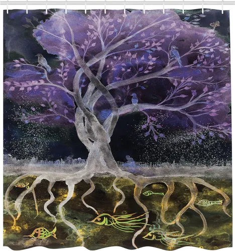 Vista 2 de Ambesonne Cortina de ducha con diseño de árbol de la vida, naturaleza misteriosa psicodélica en la noche, pájaros y peces, arte para el hogar, juego