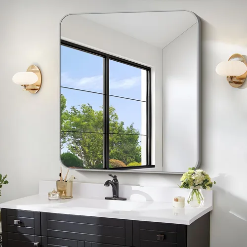 Vista 41 de FORBATH - Espejo de baño negro para sobre lavabo, espejo de pared de 16x24 pulgadas con marco de metal, esquinas redondeadas para baño, dormitorio