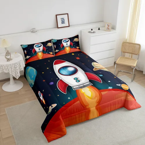 Vista 3 de Juego de edredón espacial para niños, 2 piezas, estampado de cohetes espaciales, tamaño individual, con funda de almohada, relleno de edredón