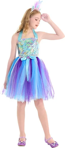 Vista 2 de WonderBabe Mermaid Tulle Tutu Dress for Girls Halloween Birthday Party Costume Princess Mermaid Dress Up Outfit with Headband