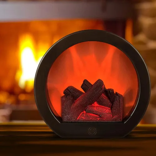 Vista 30 de Farol de chimenea pequeño y acogedor tradicional realista con efecto de llama de leña, luz LED, estilo carbón, lámpara de mesa