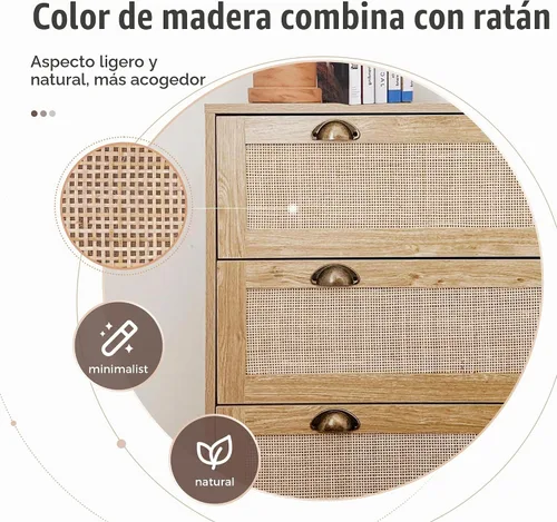 Vista 4 de PHI VILLA Cómoda de ratán, mesita de noche con cajón, estilo bohemio, pequeño armario de 3 cajones, mesita de noche