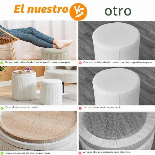 Vista 5 de BLEXA Juego de 2 taburetes otomanos redondos con almacenamiento de Blanco