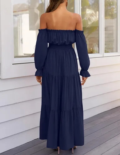Vista 13 de ZESICA - Vestido largo, bohemio y sexy, con hombros descubiertos y manga larga fruncida, con elástico fruncido, cintura alta y abertura lateral