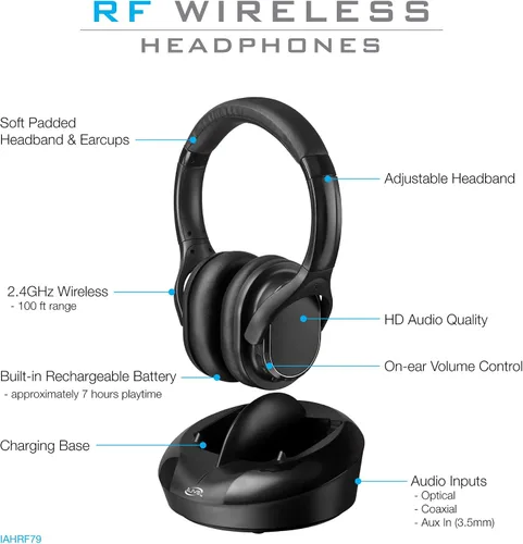 Vista 3 de iLive Electronics Auriculares inalámbricos de radiofrecuencia con transmisor/base de carga, negro (IAHRF79B)