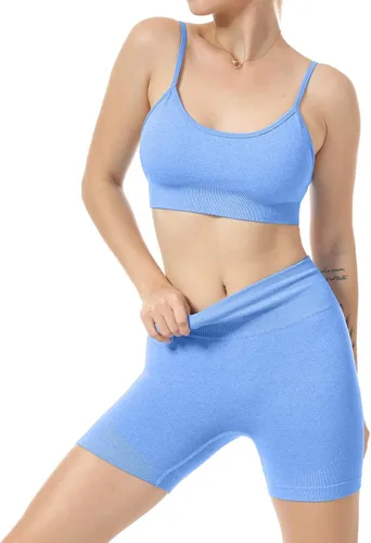 Vista 3 de JNINTH - Conjunto de yoga sin costuras para mujer, 2 piezas, brasier deportivo de entrenamiento, con pantalones cortos de cintura alta