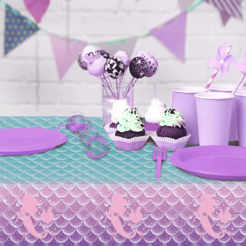 Vista 6 de 1 mantel de decoración de fiesta de cumpleaños de sirena, funda de mesa de plástico desechable para princesa bajo el mar, suministros de fiesta