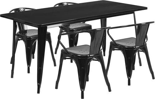 Vista 2 de EMMA + OLIVER Juego de mesa rectangular de metal negro para interiores y exteriores, 4 sillas con brazos
