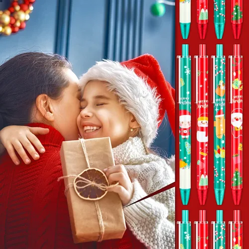 Vista 5 de Leinuosen 48 piezas de bolígrafos de Navidad a granel lindos bolígrafos retráctiles de tinta de gel de color rojo y verde, diseño de renos y árbol