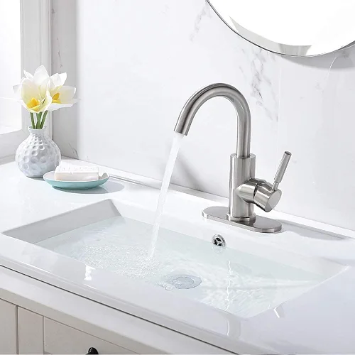 Vista 3 de Grifo de acero inoxidable de arco alto de un solo mango para fregadero de precocina/fregadero de bar/fregadero de baño por Phiestina, con placa