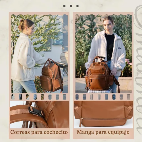 Vista 6 de Omanmoli Bolsa de pañales Mochila de cuero Bolsa de bebé Mochila de pañales Congac