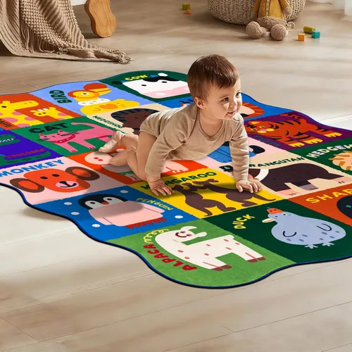 Vista 7 de Alfombras infantiles para sala de juegos, 3 x 5 pies, alfombra de área ultra antideslizante, alfombra de juego lavable, bonita alfombra de animales