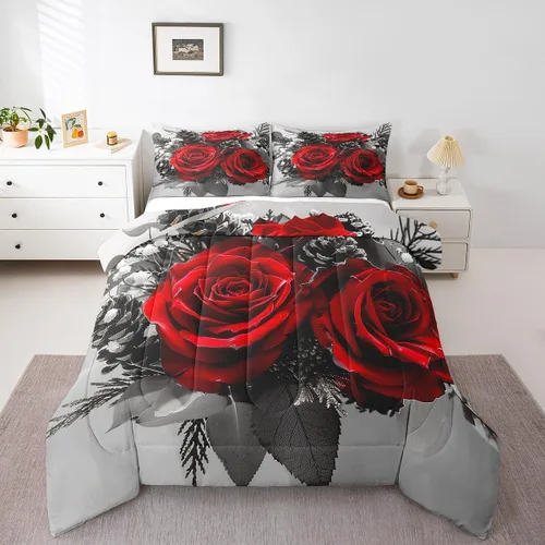 Vista 18 de Juego de edredón de rosas rojas, tamaño individual, juego de ropa de cama floral rojo degradado negro para niñas, mujeres, niños, adolescentes
