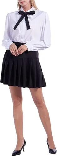 Vista 3 de MSEVRNY Blusa de manga larga con nudo de lazo de gasa para mujer, uniforme escolar, color blanco, camisa con botones