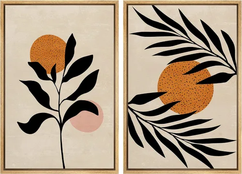 Vista 136 de SIGNFORD Lienzo enmarcado para pared, juego de arte geométrico retro de mediados de siglo, plantas forestales, ilustraciones con formas abstractas