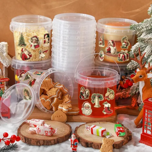 Vista 6 de PerKoop 20 piezas cubos de helado de 32 oz con tapas y asas, cubos transparentes de cóctel de ron con calcomanías, tina transparente de plástico