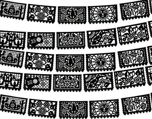 Vista 9 de Pancartas de papel picado negras, decoraciones de fiesta, pancarta de fiesta mexicana, banderines, guirnaldas, serpentinas para bodas, quinceañeras