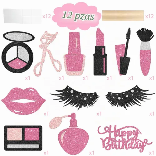 Vista 3 de 12 piezas de centro de mesa de maquillaje con purpurina, para spa, maquillaje, decoraciones de fiesta de cumpleaños para mesa, cosméticos, lápiz