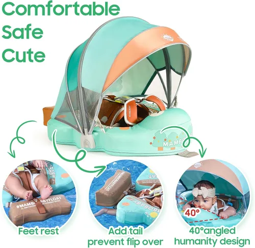 Vista 5 de Mambobaby Flotador con cola y toldo no inflable para bebé, flotador Mambo Flotador inteligente de natación para bebé, flotador de piscina para niños