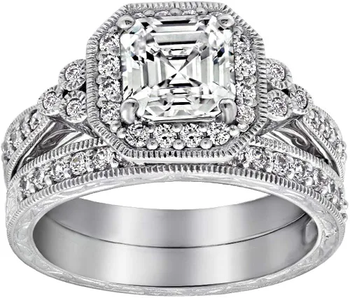 Vista 11 de Tienda Collection Platinum-Plated Sterling Silver Antique Ring set with Asscher-Cut Infinite Elements Cubic Zirconia