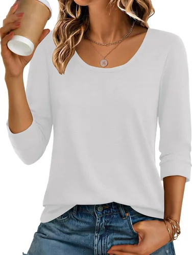 Vista 18 de Ekouaer Camisetas básicas casuales de manga 3/4 para mujer, cuello redondo Rayado Caqui