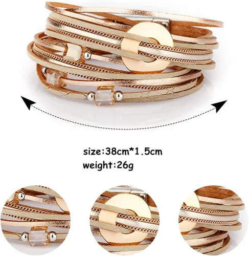 Vista 2 de Fesciory - Pulseras envolventes de cuero para mujer, brazaletes con cuentas de cristal de leopardo, estilo bohemio, multicapa
