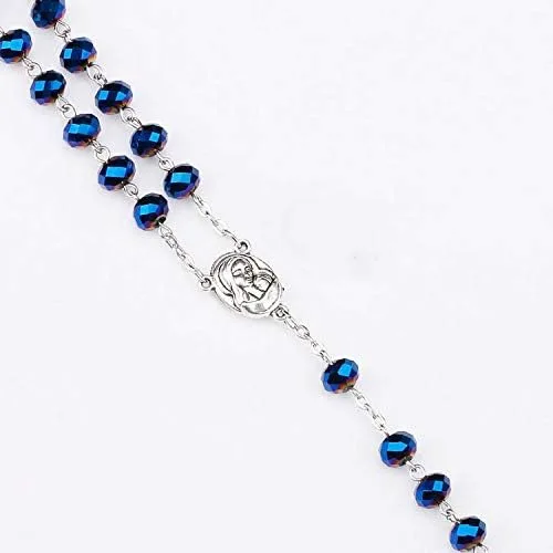 Vista 4 de Collar católico de rosario de cuentas de cristal azul profundo, oración católica Jerusalén Medalla del suelo sagrado cruz tierra santa antigua