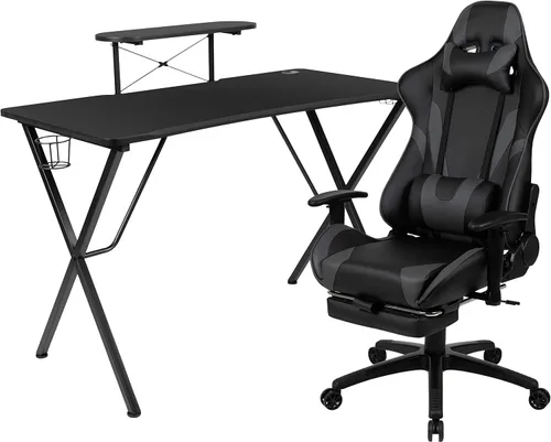 Vista 25 de Flash Furniture Juego de escritorio para juegos negro y silla de carreras blanco/negro con soporte para tazas, gancho para auriculares y soporte