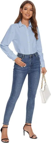 Vista 5 de YAMANMAN Camisas con botones para mujer, camisas de vestir de manga larga sin arrugas, blusas casuales de negocios para oficina y trabajo Azul