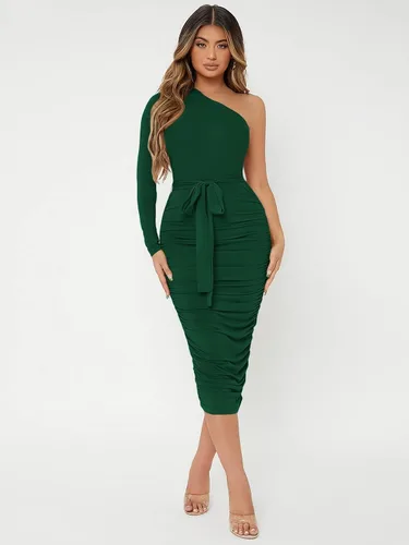 Vista 3 de Verdusa Vestido ajustado de manga larga con cinturón fruncido y un hombro para mujer