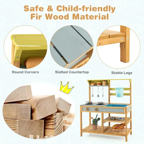 Vista 7 de Costzon Cocina de madera para niños, cocina de barro al aire libre con fregadero extraíble, caja de agua y grifo, parte superior de la estufa