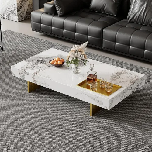 Vista 10 de Mesa de centro cuadrada de 43.3 pulgadas para sala de estar, moderna mesa de centro de piedra sinterizada gris con base de acero al carbono negro