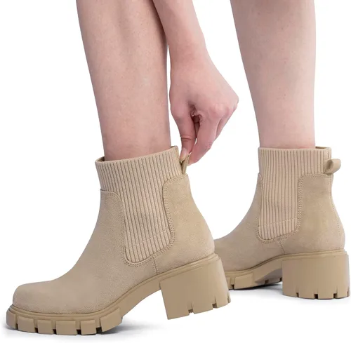 Vista 5 de FITORY Botas Chelsea para mujer, botines de tobillo elásticos con tacón medio grueso y suela con tacos, zapatos cómodos y modernos sin cordones
