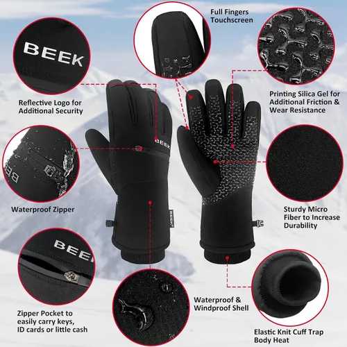Vista 5 de BEEK Guantes de invierno impermeables, guantes cálidos para pantalla táctil, guantes antideslizantes para clima frío para hombres y mujeres, guantes