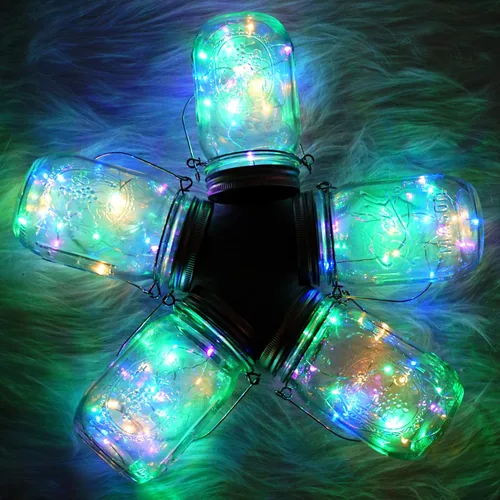 Vista 2 de SmilingTown Guirnalda de luces solares para tarros de masón, paquete de 12 unidades, 30 luces LED de luciérnaga con 12 perchas impermeables