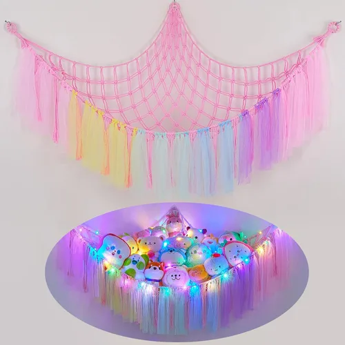 Vista 10 de FIOBEE Red de Animales de Peluche o Hamaca con Luz LED, Hamaca de Juguetes Colgante Organizador de Almacenamiento Soporte para Animales de Peluche