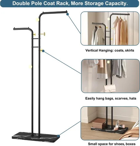 Vista 4 de HOMEFORT Perchero de Abrigos, Percheros de Metal Independientes, Soporte de Ropa y Sombreros de Doble Poste con 5 Ganchos para Closet, Dormitorio