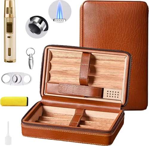 Vista 9 de Estuche para puros, humidificador de viaje, paquete de 4 fundas de cuero de cedro negro con cortador de puros, humidificador, cenicero y toalla
