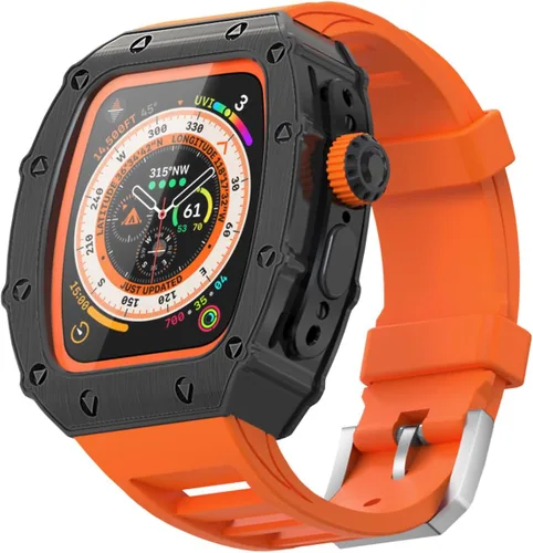 Vista 8 de Estuche de Lujo para Apple Watch Ultra 3/2/1 49mm Banda FKM, Cubierta de Metal con Parachoques Resistente + Vidrio Incorporado + Correa