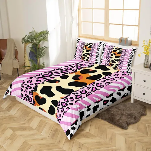 Vista 2 de Manfei Juego de funda de edredón de piel de animal, tamaño individual, funda de edredón con estampado de cebra de leopardo con 1 funda de almohada