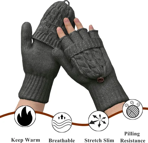 Vista 25 de Beurlike Guantes de invierno para mujer, de lana cálida, a prueba de viento, convertibles, sin dedos
